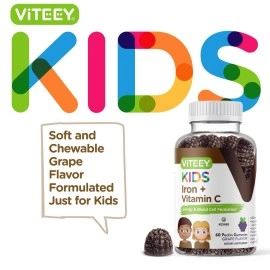 Iron Gummies for Kids with Vitamin C - Supports Energy, Blood Cell Formulation, Blood Builder Anemia Supplements, Gluten Free, Gelatin Free, GMO Free, Grape Flavor, Pectin Chewable Vegan Gummy Chews