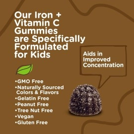 Iron Gummies for Kids with Vitamin C - Supports Energy, Blood Cell Formulation, Blood Builder Anemia Supplements, Gluten Free, Gelatin Free, GMO Free, Grape Flavor, Pectin Chewable Vegan Gummy Chews