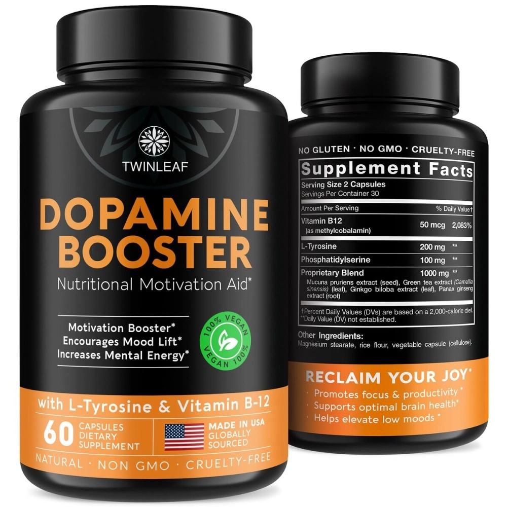 TWINLEAF Dopamine Brain Food Natural Supplement, 1000 mg Blend - Made in USA - Vitamin B 12, L-Tyrosine to Increase Motivation - Boost Your Mental Drive - 90 caps