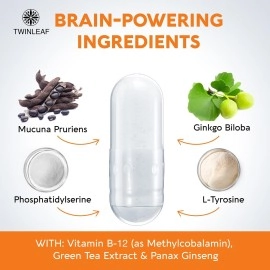 TWINLEAF Dopamine Brain Food Natural Supplement, 1000 mg Blend - Made in USA - Vitamin B 12, L-Tyrosine to Increase Motivation - Boost Your Mental Drive - 90 caps