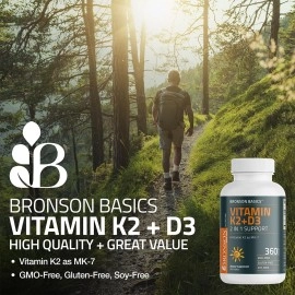 Bronson Vitamin K2 D3 (MK7) Supplement Non-GMO Formula Vitamin D3 5000IU (125 mcg) & 90 mcg K2 MK-7, Easy to Swallow D & K Complex, 360 Tablets