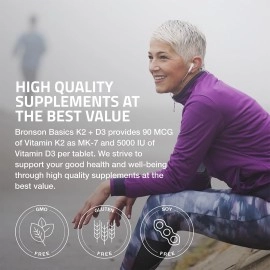 Bronson Vitamin K2 D3 (MK7) Supplement Non-GMO Formula Vitamin D3 5000IU (125 mcg) & 90 mcg K2 MK-7, Easy to Swallow D & K Complex, 360 Tablets