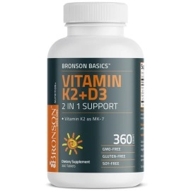 Bronson Vitamin K2 D3 (MK7) Supplement Non-GMO Formula Vitamin D3 5000IU (125 mcg) & 90 mcg K2 MK-7, Easy to Swallow D & K Complex, 360 Tablets