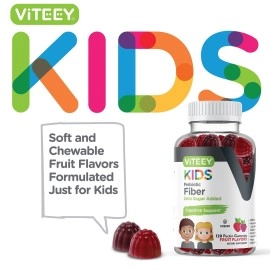 Prebiotic Kids Fiber Gummies for Constipation Relief, Digestive Health Regularity Support, Natural Weight Support - Fiber 4g, Zero Sugar Added, Vegan, Gluten Free - Tasty Chewable Fruit Flavored Gummy