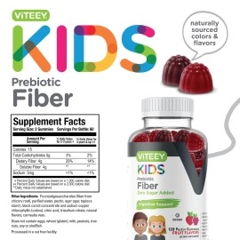 Prebiotic Kids Fiber Gummies for Constipation Relief, Digestive Health Regularity Support, Natural Weight Support - Fiber 4g, Zero Sugar Added, Vegan, Gluten Free - Tasty Chewable Fruit Flavored Gummy