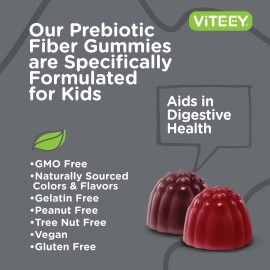 Prebiotic Kids Fiber Gummies for Constipation Relief, Digestive Health Regularity Support, Natural Weight Support - Fiber 4g, Zero Sugar Added, Vegan, Gluten Free - Tasty Chewable Fruit Flavored Gummy