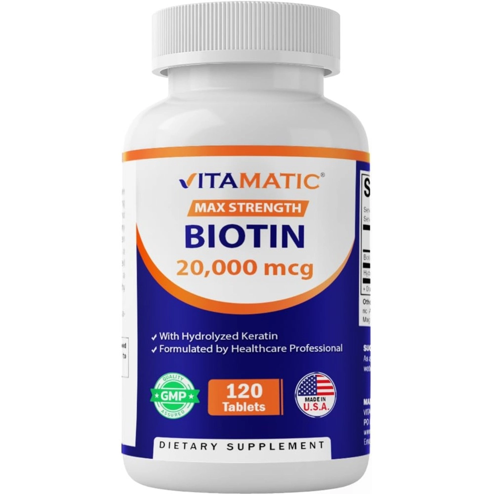 Vitamatic High Potency Biotin 20000 mcg (20mg) with Keratin 100mg - 120 Vegetarian Tablets - Biotin Supplements for Healthy Hair Skin & Nails for Adults