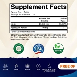 Vitamatic High Potency Biotin 20000 mcg (20mg) with Keratin 100mg - 120 Vegetarian Tablets - Biotin Supplements for Healthy Hair Skin & Nails for Adults