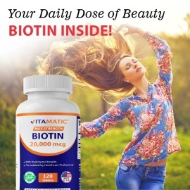 Vitamatic High Potency Biotin 20000 mcg (20mg) with Keratin 100mg - 120 Vegetarian Tablets - Biotin Supplements for Healthy Hair Skin & Nails for Adults