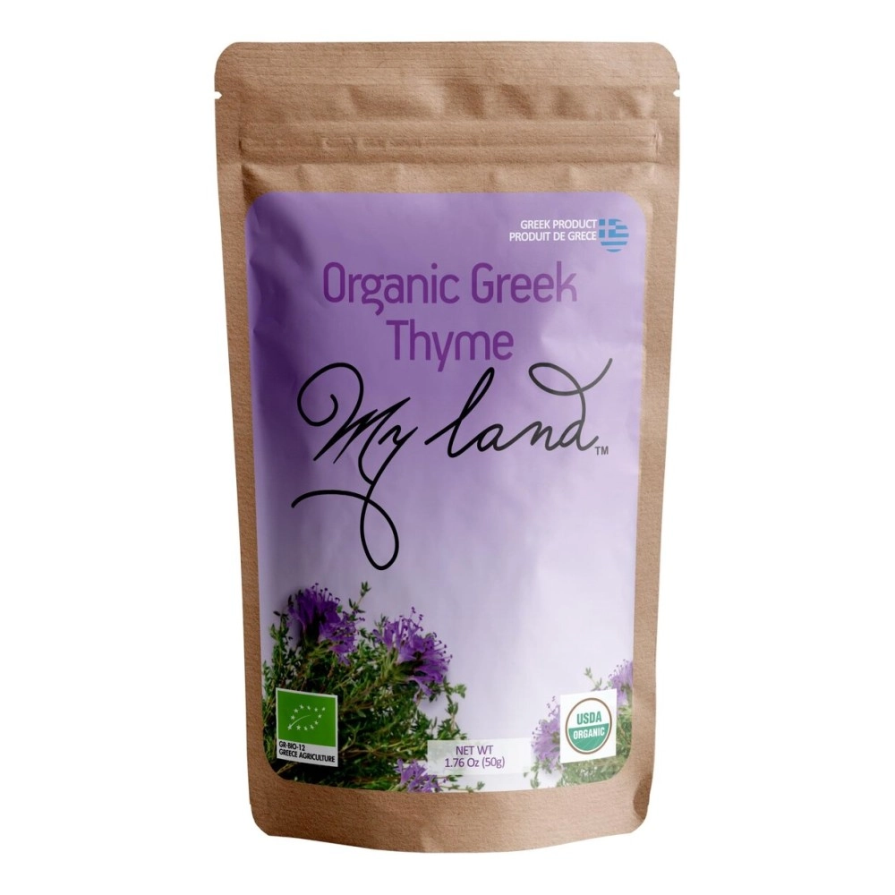 My Land Organic Greek Thyme - Hand Picked From Mount Olympus - Traditionally Dried And Cut Leaves Free From Stems Or Strings - Packaged In A Resealable Bag With A Fresh Aroma And Taste (50g - 1.76oz)