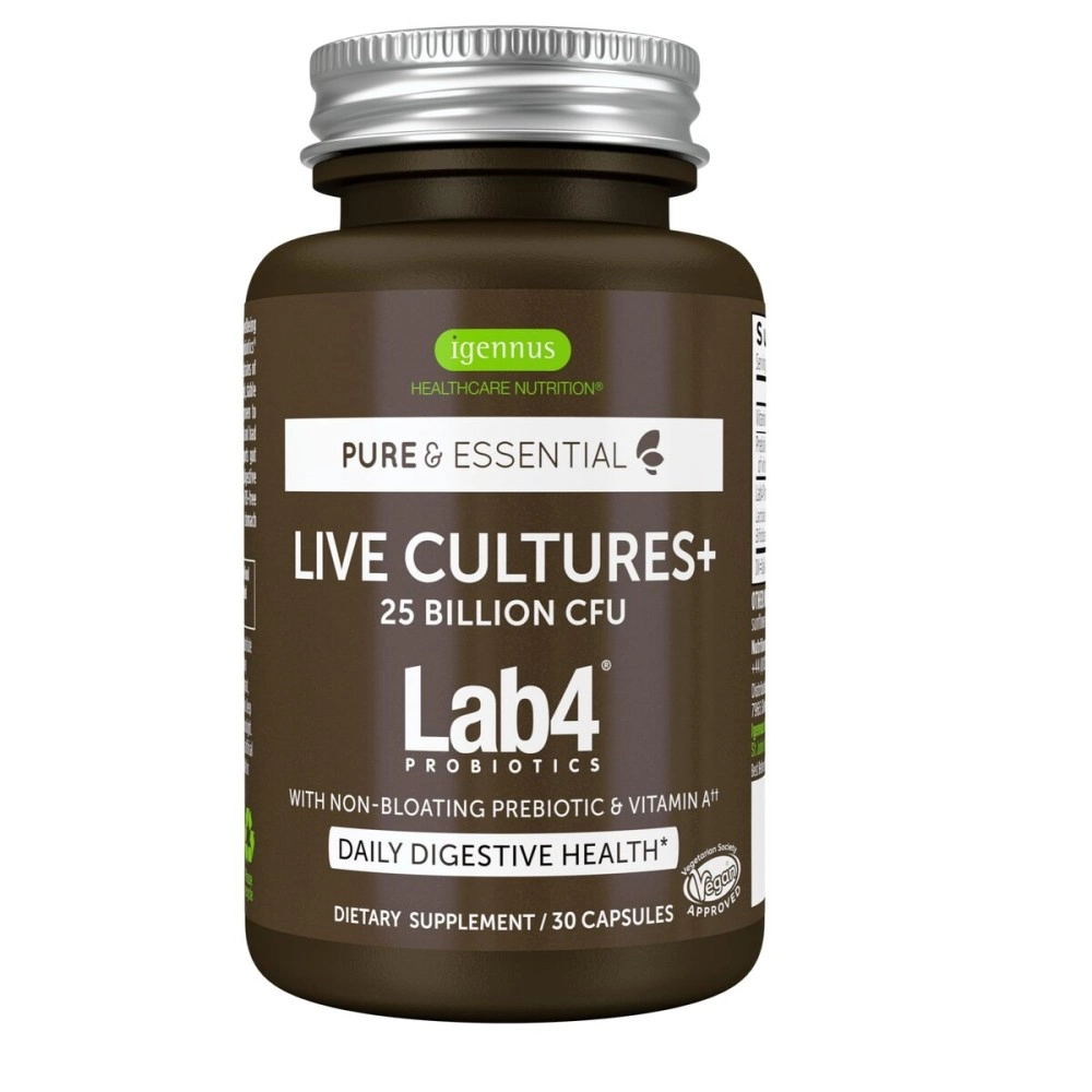 Igennus Live Cultures+ Probiotic Complex with Prebiotics for Gut Health, Lactobacillus Acidophilus & Bifidobacterium, 25 Billion CFU, Vegan, Bloating Relief, 30 Capsules,