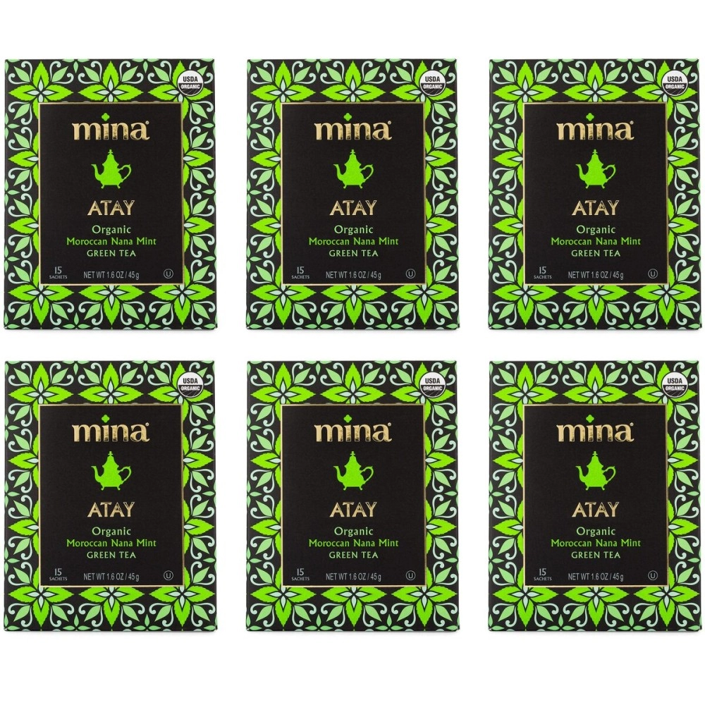 Mina Atay Organic Moroccan Nana Mint Green Tea, 15 Biodegradable Sachets (Pack of 6) - Refreshing Moroccan Mint Tea Bags, Green Tea, Moroccan Mint Green Tea Bags, Low in Caffeine