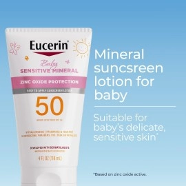 Eucerin Sun Sensitive Mineral Baby Sunscreen SPF 50, Sunscreen Lotion with Zinc Oxide Protection, Mineral Sunscreen, 4 Fl Oz Tube