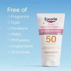 Eucerin Sun Sensitive Mineral Baby Sunscreen SPF 50, Sunscreen Lotion with Zinc Oxide Protection, Mineral Sunscreen, 4 Fl Oz Tube