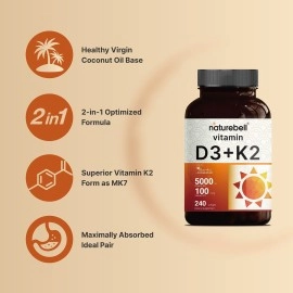 NatureBell Vitamin D3 K2 (MK7) with Virgin Coconut Oil, 240 Softgels, Vitamin D3 5000 IU & K2 MK7 100mcg, 2 in 1 Support, Duo-Ack | 8 Months Supply | Third Party Tested, Non GMO & No Gluten