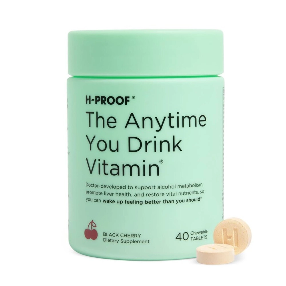 H-PROOF The Anytime You Drink Vitamin, Liver Health & Immunity Support with Electrolytes, Milk Thistle, and Vitamins B & C - 40 Chewable Tablets (20 Servings), Vegan, Black Cherry