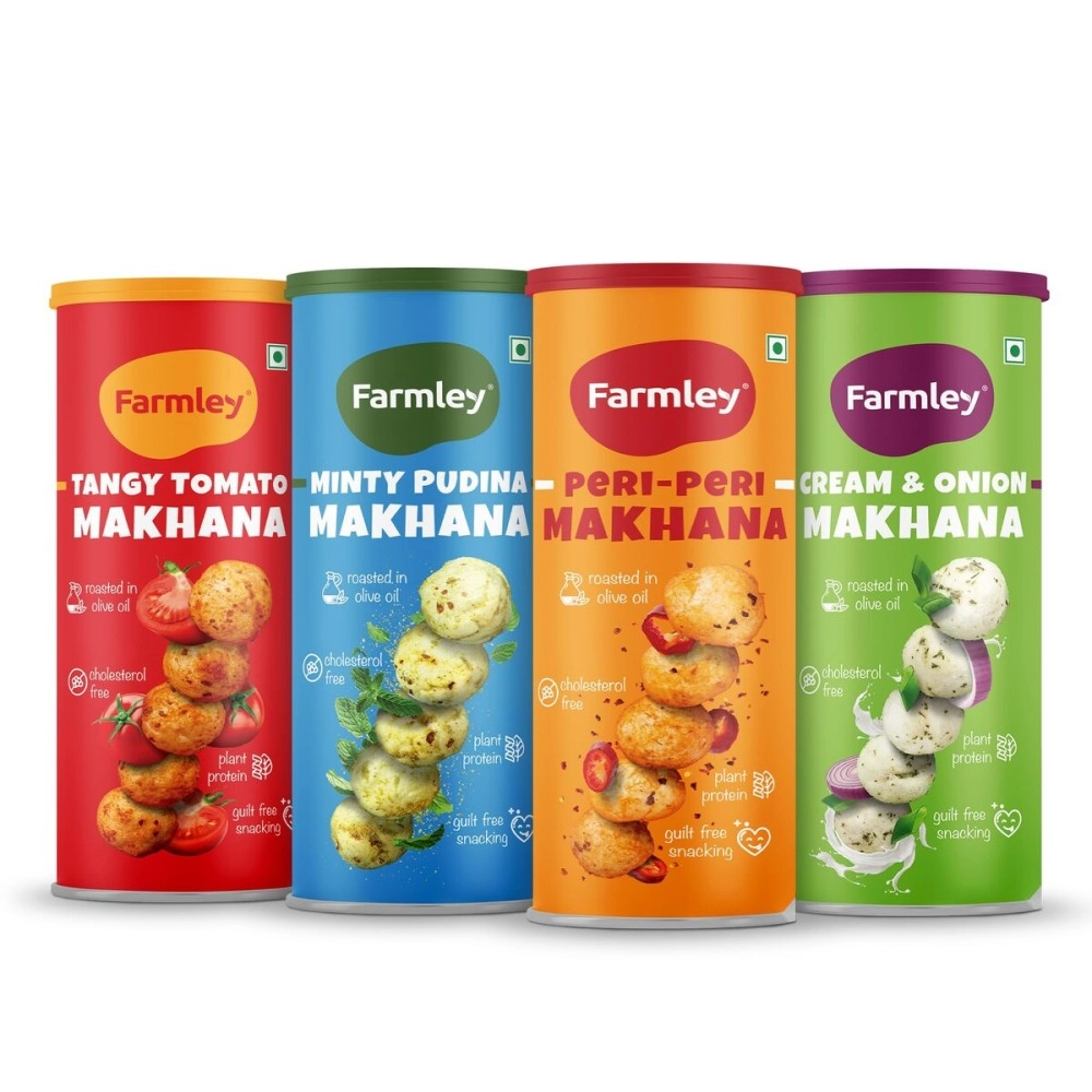 Farmley Roasted & Flavored Makhana- Minty Pudina, Peri Peri, Tangy Tomato, Cream & Onion, 90 g (Pack of 4)
