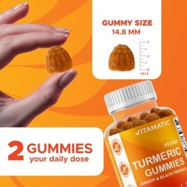 Vitamatic Turmeric Gummy with Ginger & Black Pepper Extract - 60 Vegan Gummies Each | 2 Pack (120 Gummies) 95% Curcuminoids - Powerful Antioxidant & Inflammatory Support