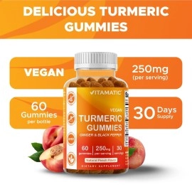 Vitamatic Turmeric Gummy with Ginger & Black Pepper Extract - 60 Vegan Gummies Each | 2 Pack (120 Gummies) 95% Curcuminoids - Powerful Antioxidant & Inflammatory Support