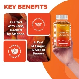 Vitamatic Turmeric Gummy with Ginger & Black Pepper Extract - 60 Vegan Gummies Each | 2 Pack (120 Gummies) 95% Curcuminoids - Powerful Antioxidant & Inflammatory Support