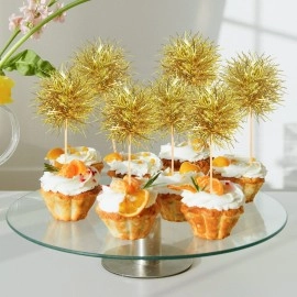 Chinco 100 Pcs Foil Firework Cupcake Toppers Sparkle Tinsel Cake Toppers Cake Decoration Cocktail Fruit Toothpick for Christmas Birthday Wedding Graduation Party Decoration (Gold)