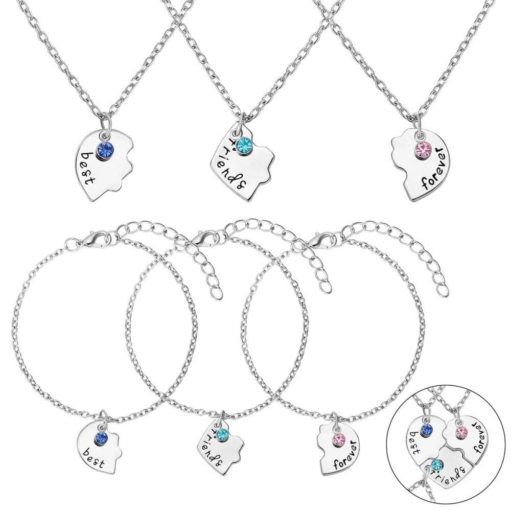 Bonuci 6 Pcs Best Friends Forever and Ever BFF Necklaces and Bracelet Printed Puzzle Broken Heart Pendant Necklaces Set Alloy Friendship Necklace Best Friend Jewelry for Connected Necklace(Silver)