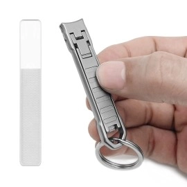 XGIZMOO Nail Clippers for Natural Finger Nails Ultra Thin Mini Travel Portable Folding Wide Jaw Cutter with Glass Nail File Curved Trimmer for Fingernail Toenail, with Keychain(X021DB-S)
