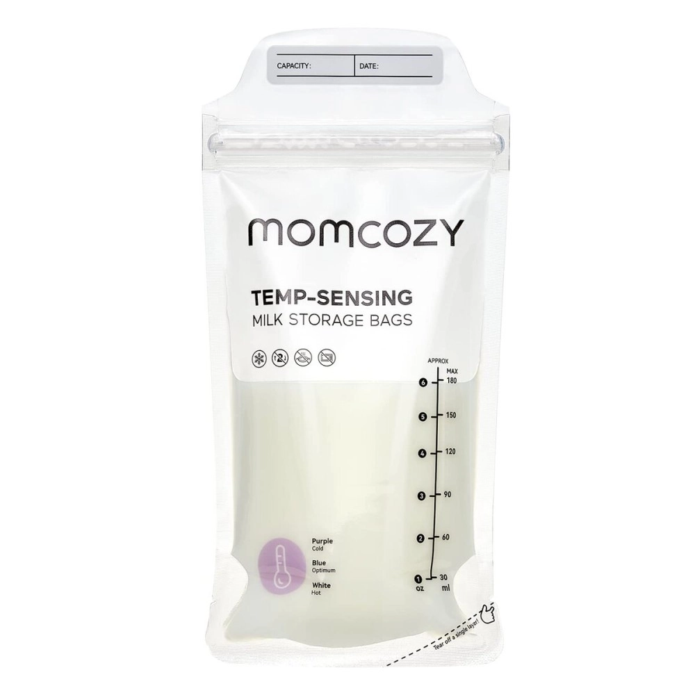 Momcozy Breastmilk Storing Bags, Temp-Sensing Discoloration Milk Storing Bags for Breastfeeding, Disposable Milk Storage Bag with 6 Ounce Self Standing, No-Leak Milk Freezer Storage Pouches, 50pcs