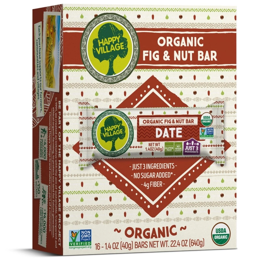 Happy Village Organic Fig & Nut Bars, DATE | Only 3 Ingredients, Gluten Free, No Added Sugar, Kosher, Non-GMO, Vegan, Good Source of Fiber | Organic Healthy Snack Bars (16 bars, 1.4 OZ each)