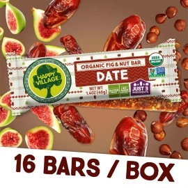 Happy Village Organic Fig & Nut Bars, DATE | Only 3 Ingredients, Gluten Free, No Added Sugar, Kosher, Non-GMO, Vegan, Good Source of Fiber | Organic Healthy Snack Bars (16 bars, 1.4 OZ each)