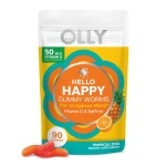 OLLY Hello Happy Gummy Worms, Mood Balance Support, Vitamin D, Saffron, Adult Chewable Supplement, Tropical Zing - 90 Count