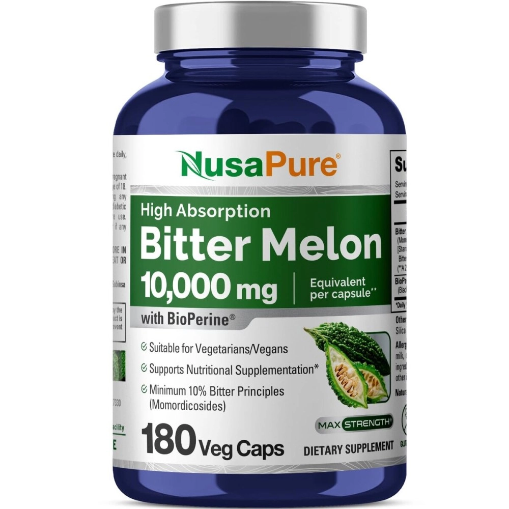 NusaPure Bitter Melon Extract 10,000 mg 180 Vegan Caps (100% Vegetarian, Non-GMO, Gluten-Free & 10% Bitter Principles) with Bioperine