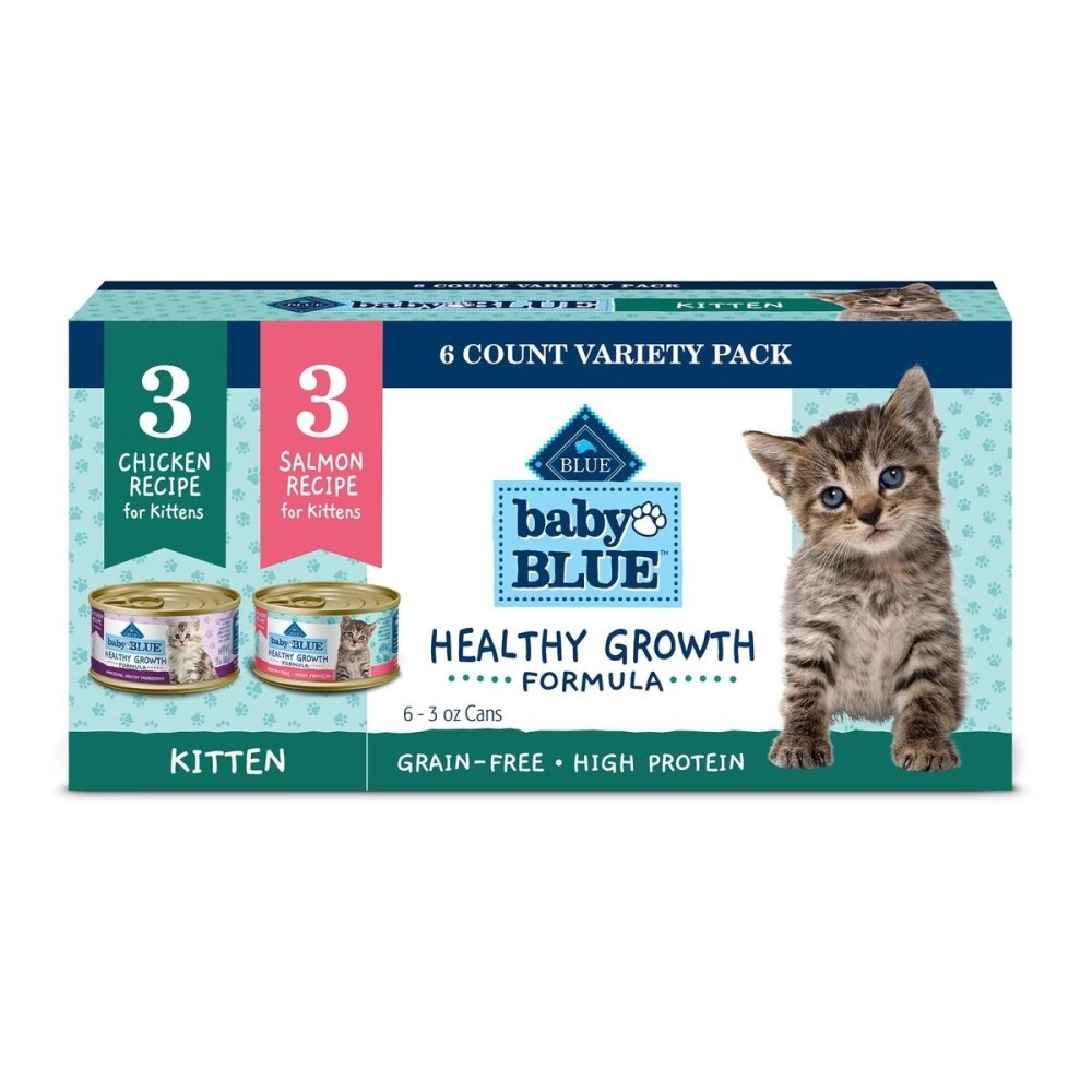 Blue Buffalo Baby Blue Healthy Growth Formula Grain Free High Protein, Natural Kitten Pate Wet Cat Food Variety Pack, Chicken, Salmon 3-oz (6 Count- 3 of Each Flavor)
