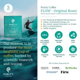 Purity Coffee FLOW Medium Roast Organic Coffee - USDA Certified Organic Specialty Grade Arabica Single-Serve Packets - Third Party Tested for Mold, Mycotoxins and Pesticides - 5 ct Box