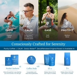 Purity Coffee CALM Decaf Medium Roast Organic Coffee - USDA Certified Organic Specialty Grade Arabica Single-Serve Coffee Pods - Third Party Tested for Mold, Mycotoxins & Pesticides - 12 ct Box
