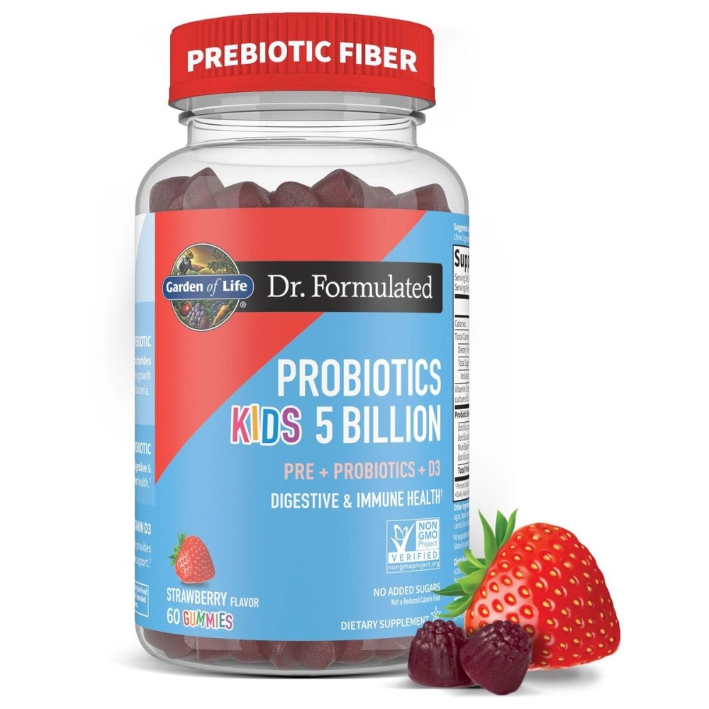 Garden of Life Dr Formulated 5 Billion CFU Prebiotic Fiber, Probiotic and Vitamin D3 Gummies for Kids Digestive & Immune Health - Gluten Free, Non GMO, No Added Sugars, Strawberry Flavor, 60 Gummies