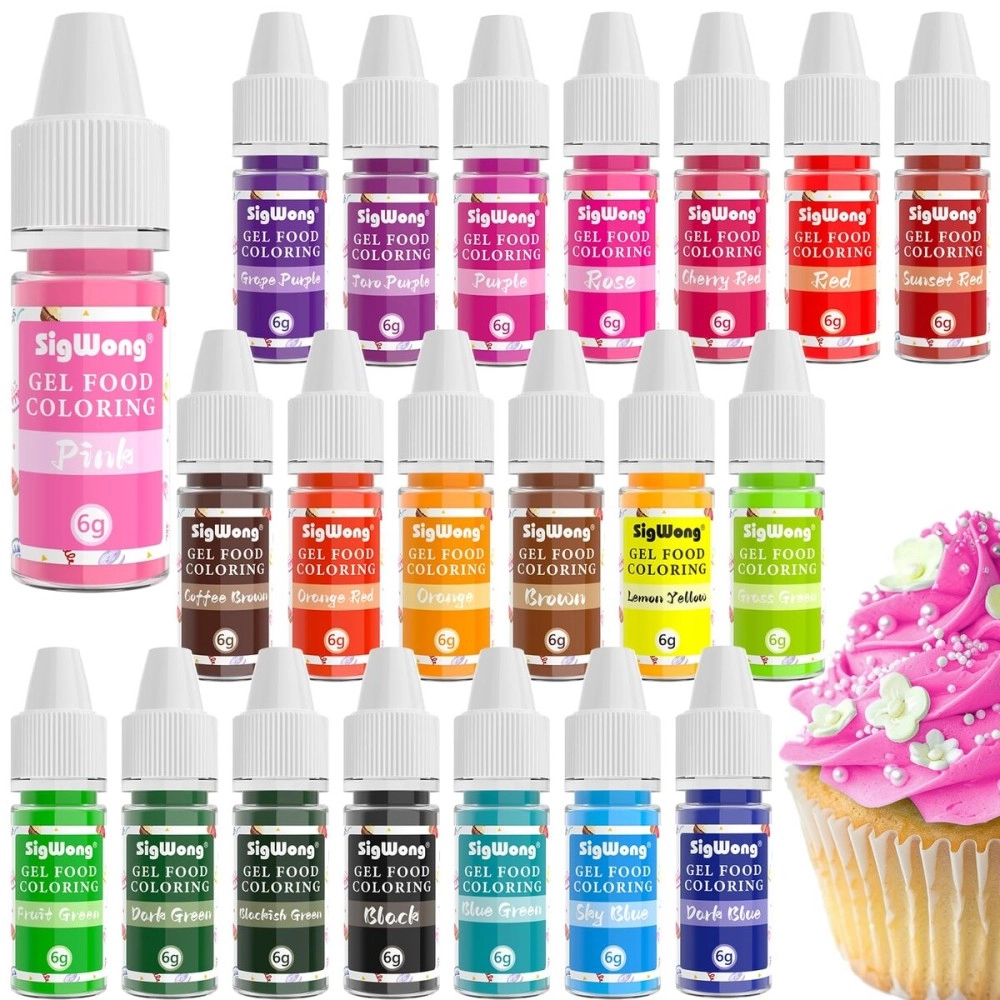 SigWong Gel Food Coloring Set - 21 Colors Tasteless Based Color Dye, Vibrant Edible Icing for Cake Cookie Decorating, Baking, Fondant, Frosting, Easter Eggs, with Gloves (6g/Bottle) Vegan