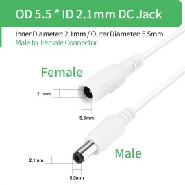 2-Pack 5m DC Power Extension Cable, Plug 5.5mm x 2.1mm, Male to Female Plug, DC 5V 6V 9V 12V 24V for Security Cameras, DVR,Router,Printer,LED Strip, White