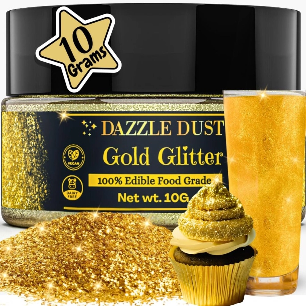 DAZZLE DUST Bulk 10g - Edible glitter for drinks, Edible gold for cake decorating, gold luster edible for cakes, edible gold, drink glitter Edible Cake Decorations 100% Food Safe, Vegan, Dairy-Free.