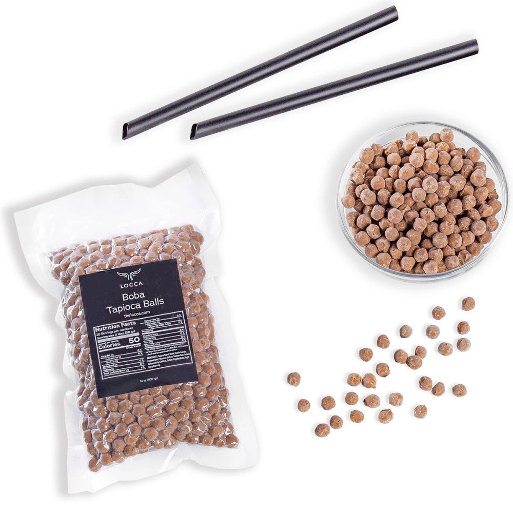 LOCCA Premium Boba Pearls Tapioca Pearls for Bubble Tea Boba Balls for Drinks - (1 Bag with 8 Straws)