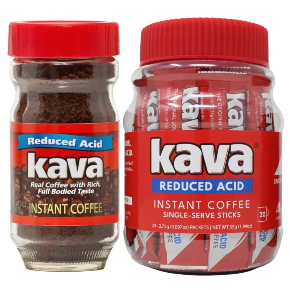 Kava Low Acid Instant Coffee Bundle Gift Set, 4 Ounce Glass Jar & 20 Single Serve Stick Packets for On-The-Go & Travel
