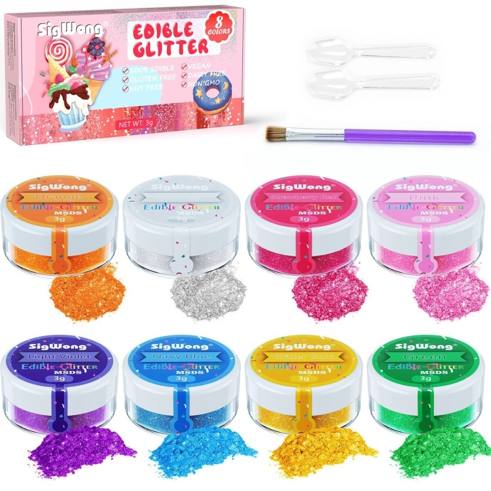 SigWong Edible Glitter Set, Sprinkles Edible Glitter for Drinks, 8 Colors Prism Powder Edible Glitter Dust for Wines, Beer, Cocktail, Strawberries, Cakes, Cupcakes, Chocolate - 3g/bottle