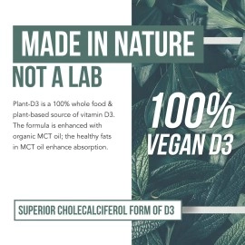 Organic Vitamin D3 10,000 IU - Plant D3, Vegan, Max Strength Sublingual Liquid D3 Drops - 200% Higher Absorption, 100% Plant-Based Cholecalciferol Form & Vegan D3, Adjustable Dosing (30 Servings)