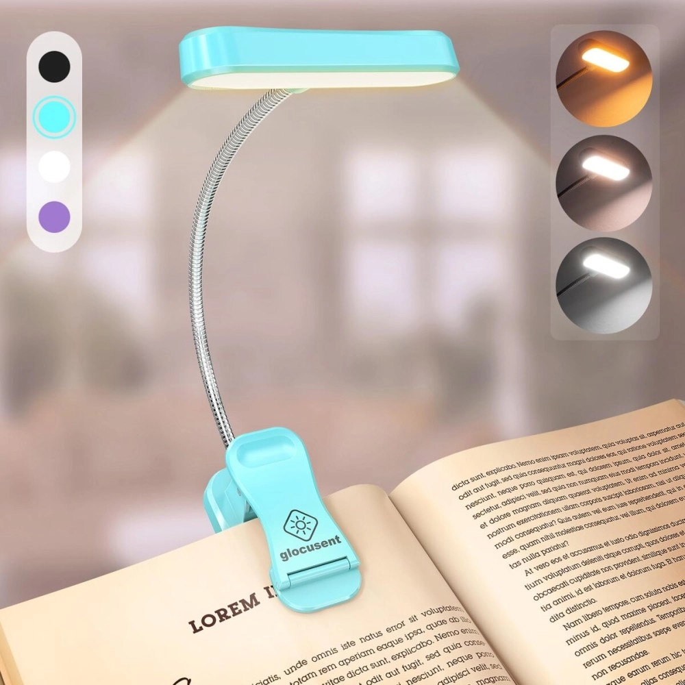 Glocusent Horizontal ET-Head Book Light for Reading in Bed, Eye Caring, CRI 95, 3 Colors & 5 Brightness, Rechargeable Long Lasting Reading Light, 1.8Oz Lightweight & Portable, Perfect for Book Lovers