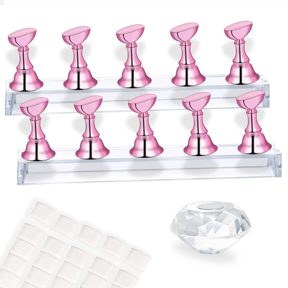 MISSELF Nail Stand with Putty for Painting Nails Fake False Press ons, Acrylic Nail Art Practice Stands with Extra Crystal Base Magnetic Reusable 2 Sets