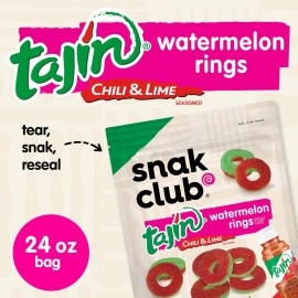 Snak Club Tajin Watermelon Rings Gummy Candy, Fruit Candy Gummies with Chili and Lime Seasoning, Mild, Gluten-Free and Vegan Snacks, 24 oz Resealable Bag