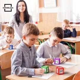 Scribbledo Dry Erase Dice Set of 4-2x2 inches Multipurpose Colorful Write On Wipe Off Dry Erase Blocks Blank Pocket Dice to Draw Letters Numbers and Much More Educational Classroom Supplies for Kids