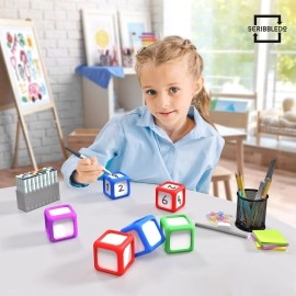 Scribbledo Dry Erase Dice Set of 4-2x2 inches Multipurpose Colorful Write On Wipe Off Dry Erase Blocks Blank Pocket Dice to Draw Letters Numbers and Much More Educational Classroom Supplies for Kids