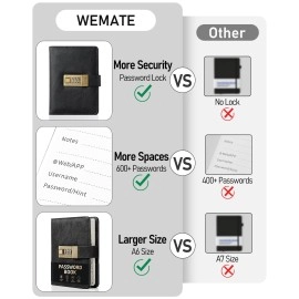 WEMATE Password Book with Lock, Password Book with Alphabetical Tabs 600+ Password Spaces, Password Logbook, Password Keeper for Computer 4.33 X 6.18 Inch Black