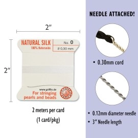 Griffin Silk Bead Cord Perlseide - White Color - Size 0 (0.30mm) - 2 Meters per Card - Stainless Steel Needle Attached - for Knotting Pearls, Gemstones, Crystals and Beads